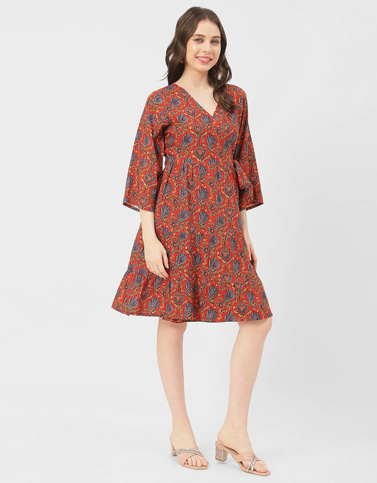 V Neck Printed Rayon quarter sleeve Wrap Dress