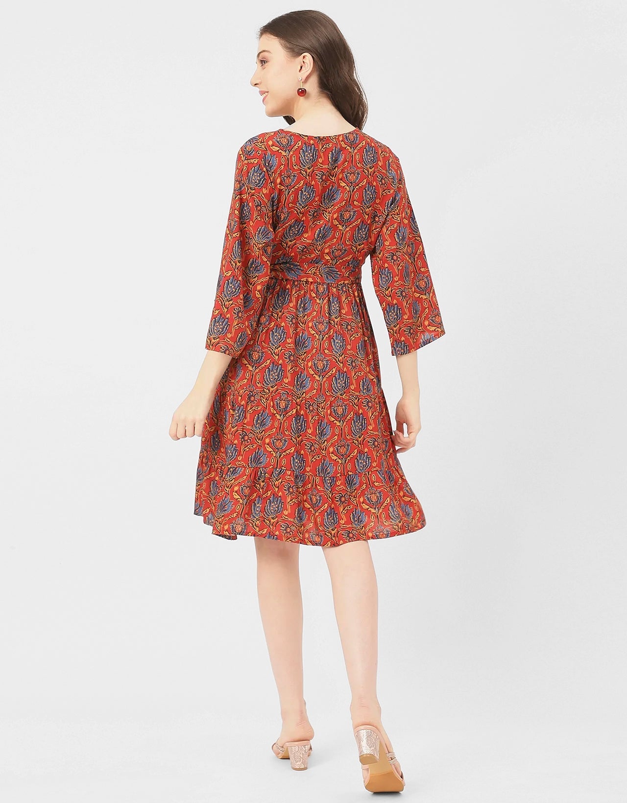 V Neck Printed Rayon quarter sleeve Wrap Dress