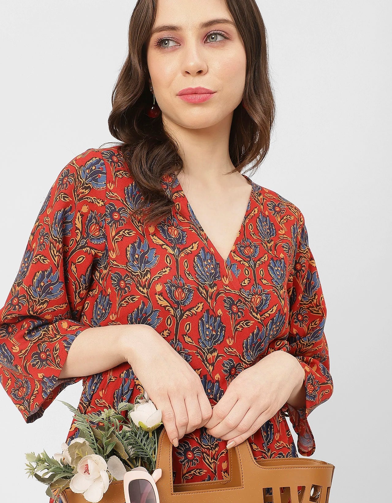 V Neck Printed Rayon quarter sleeve Wrap Dress