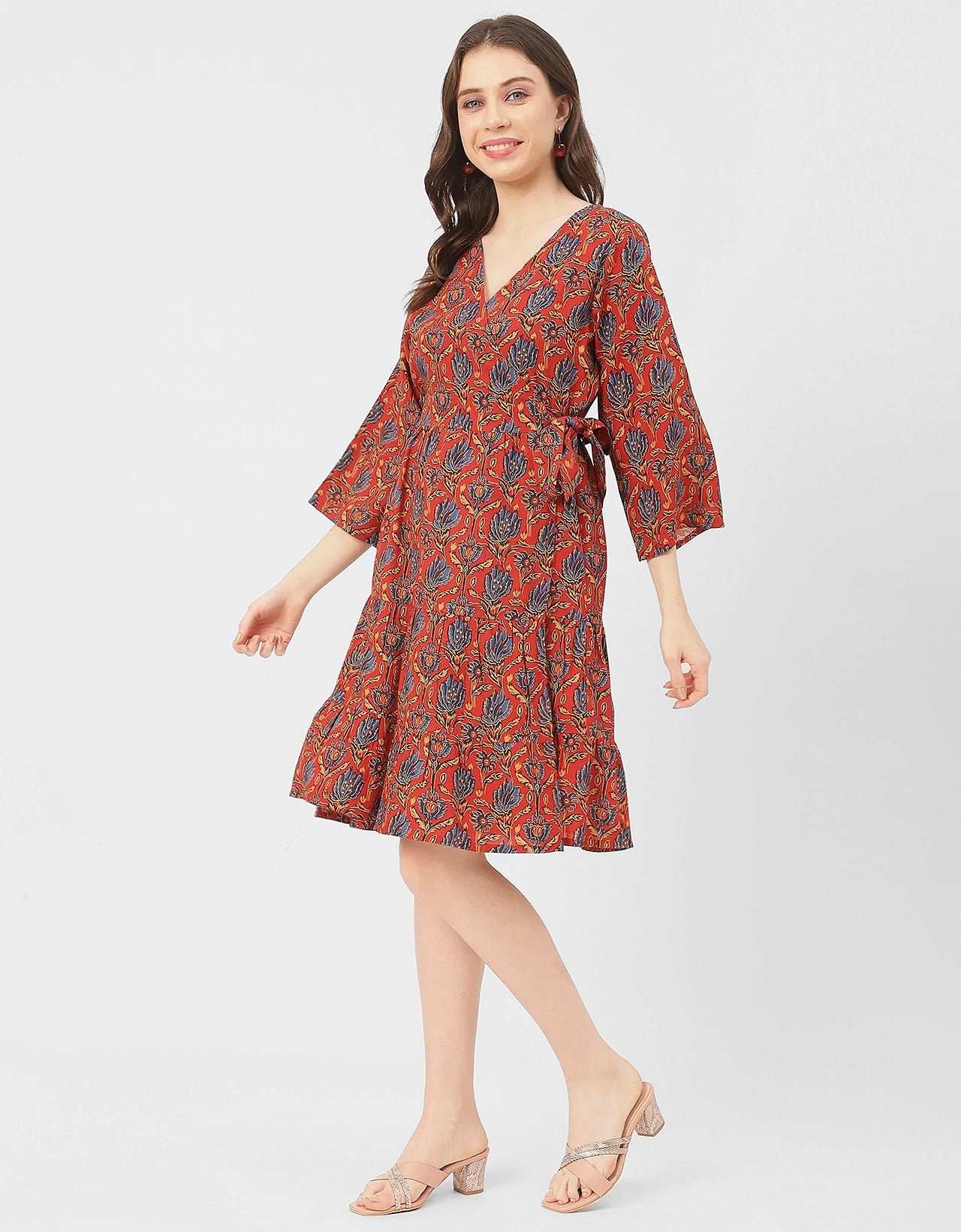 V Neck Printed Rayon quarter sleeve Wrap Dress