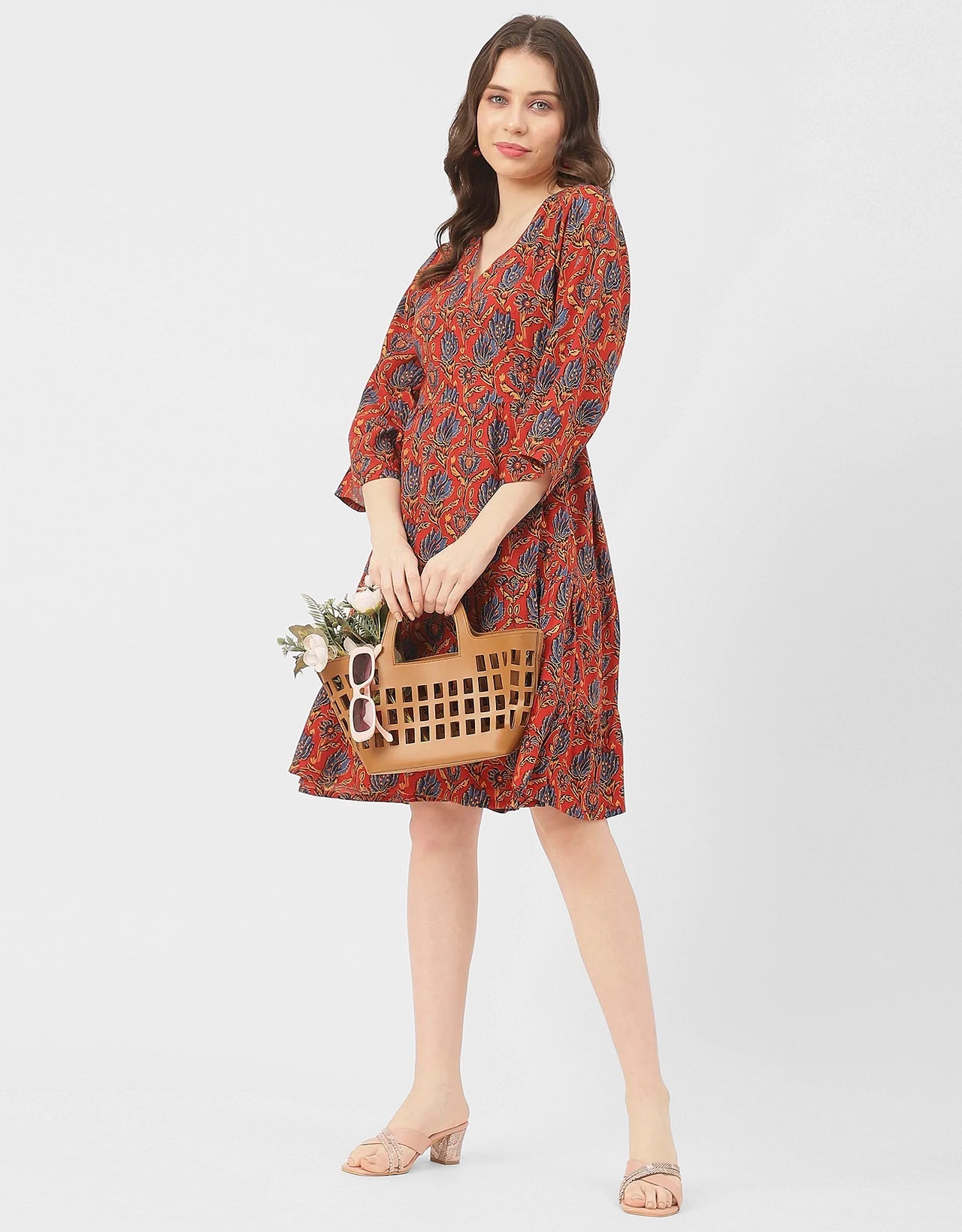 V Neck Printed Rayon quarter sleeve Wrap Dress