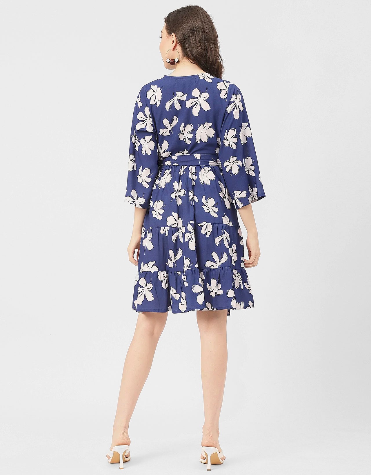 V Neck Printed Rayon quarter sleeve Wrap Dress