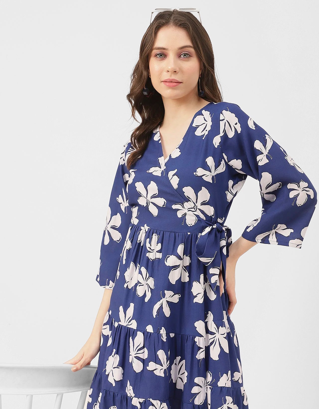 V Neck Printed Rayon quarter sleeve Wrap Dress