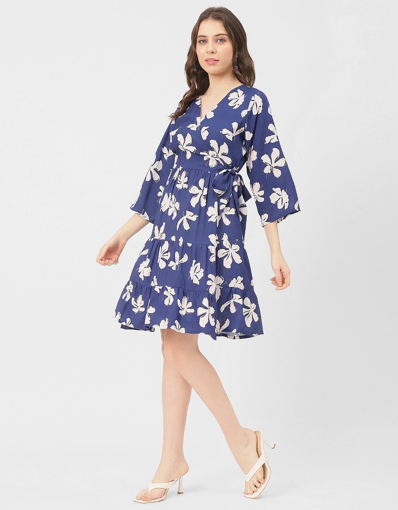 V Neck Printed Rayon quarter sleeve Wrap Dress