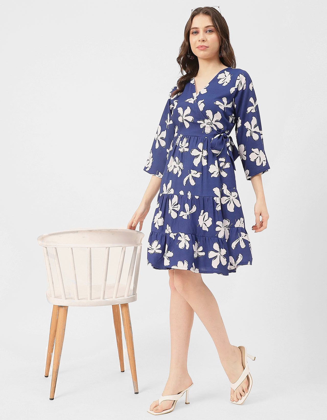 V Neck Printed Rayon quarter sleeve Wrap Dress