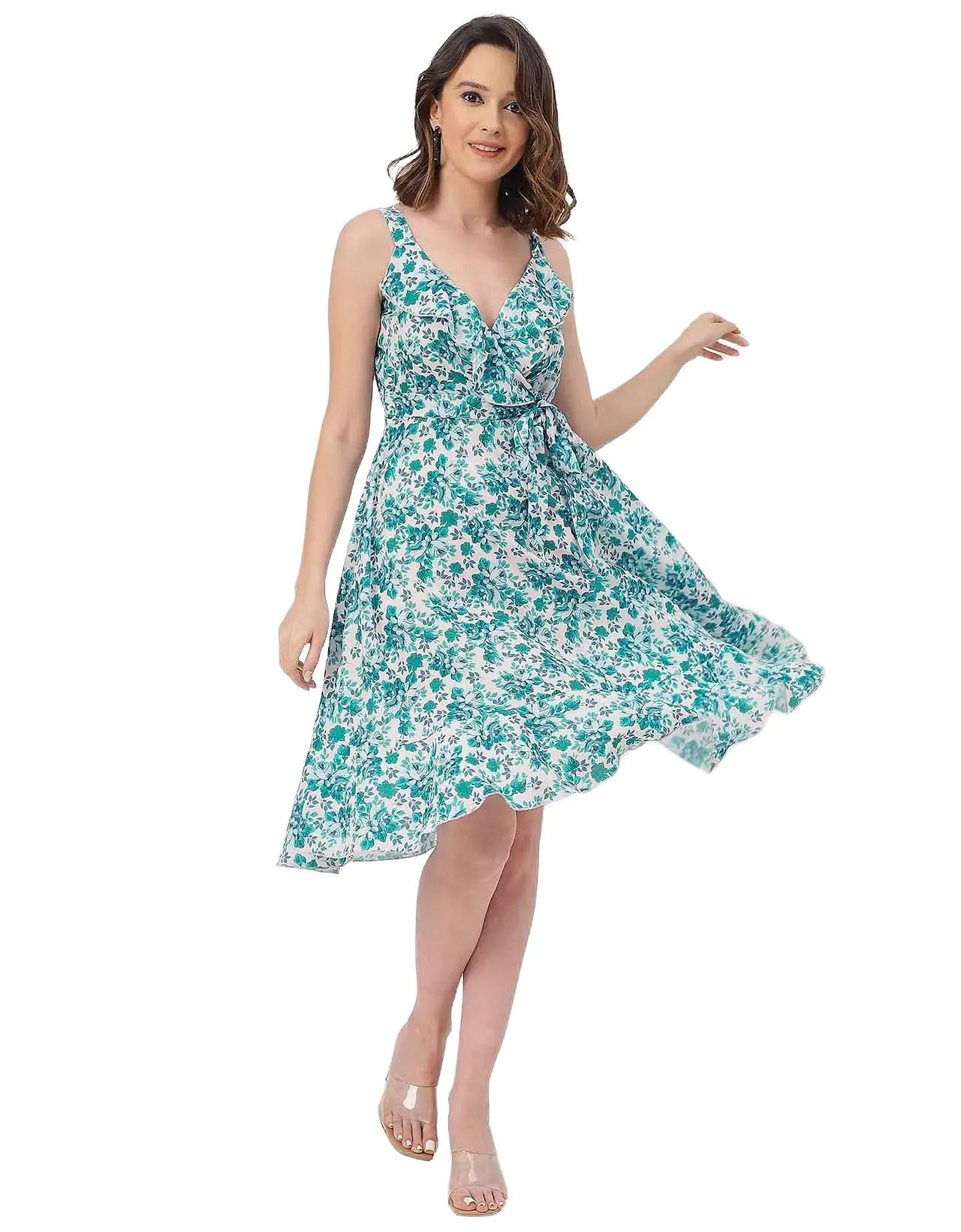 V Neck Sleeveless Printed Georgette Dress