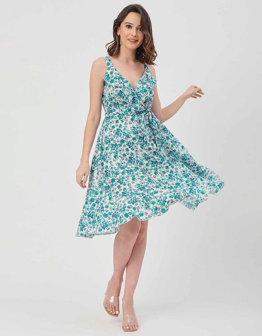V Neck Sleeveless Printed Georgette Dress