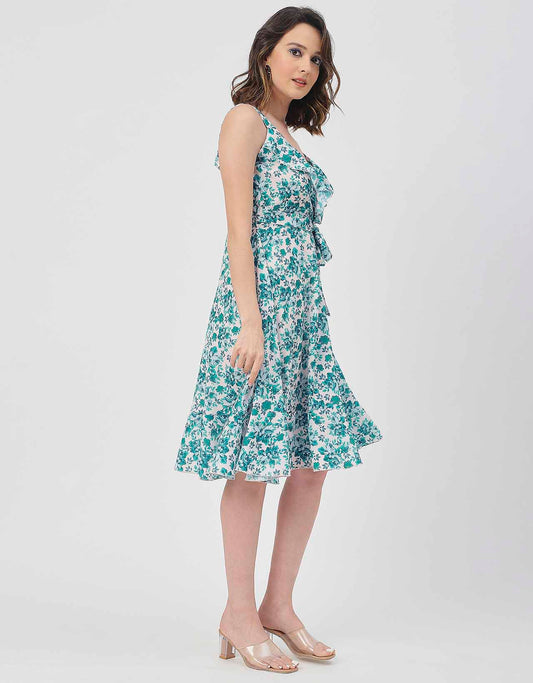 V Neck Sleeveless Printed Georgette Dress