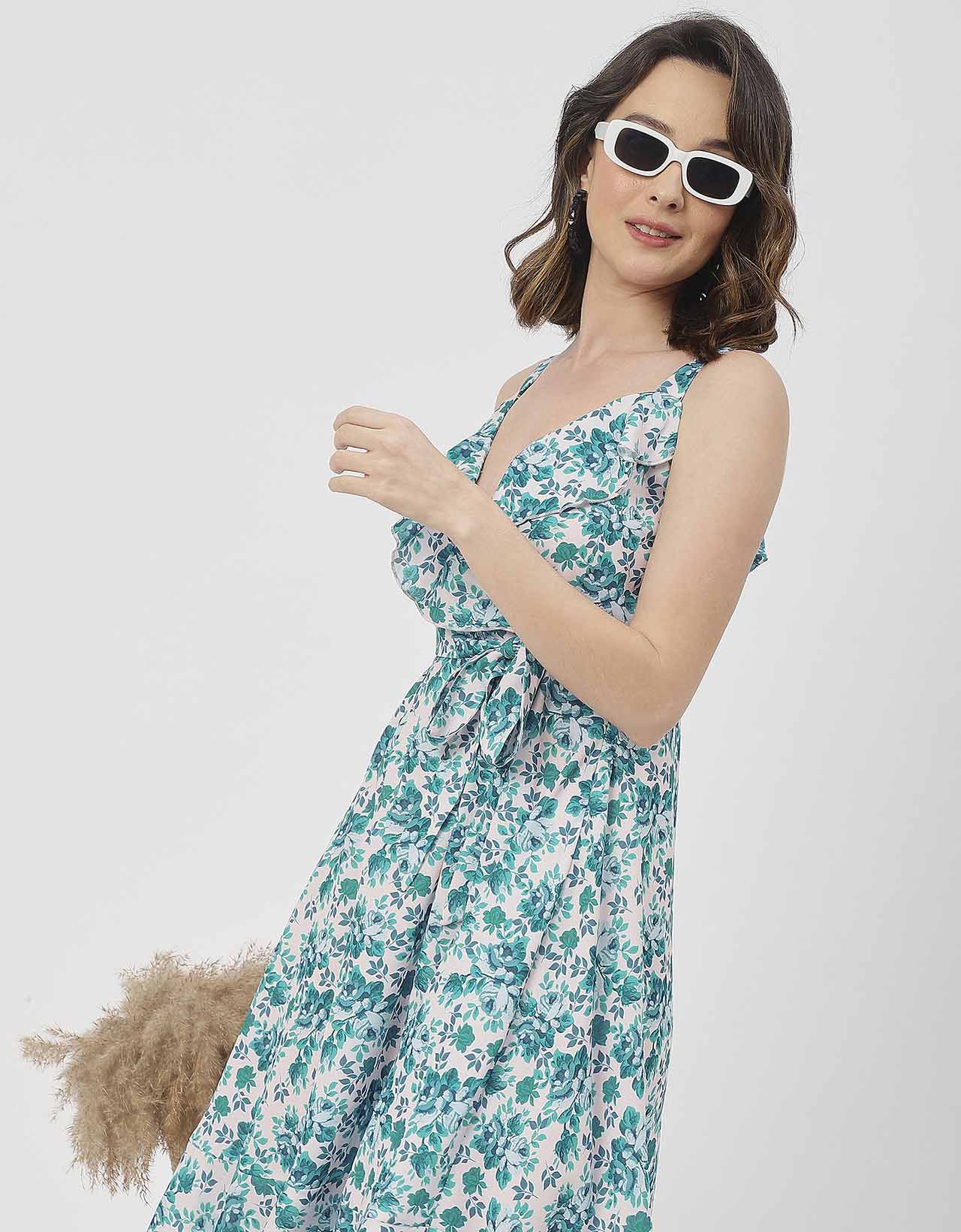 V Neck Sleeveless Printed Georgette Dress