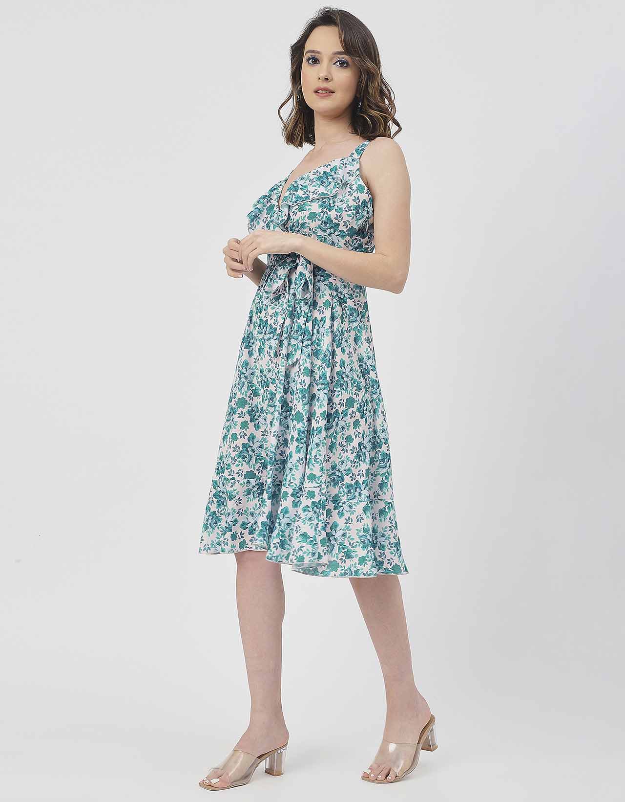 V Neck Sleeveless Printed Georgette Dress