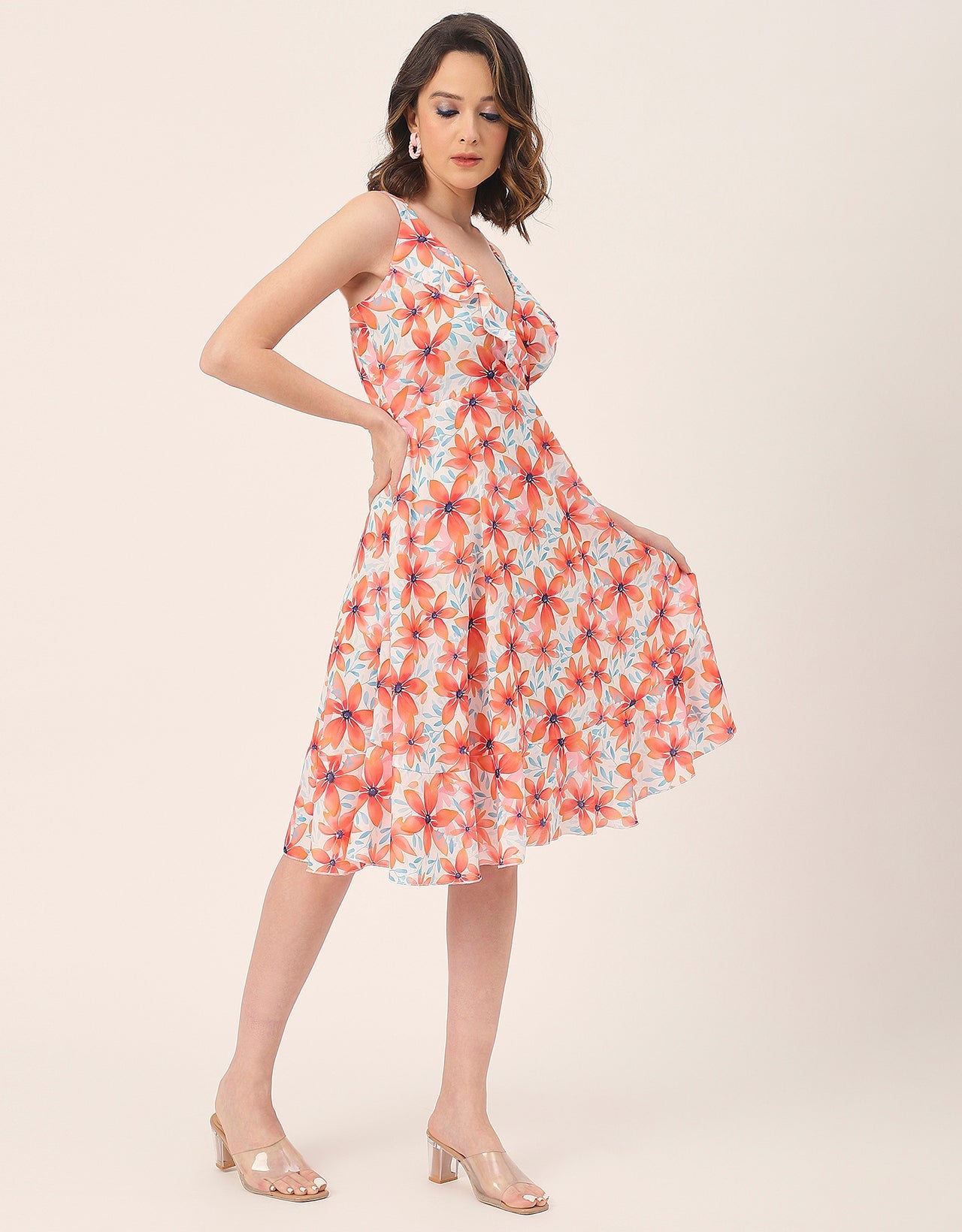 V Neck Sleeveless Printed Georgette Dress