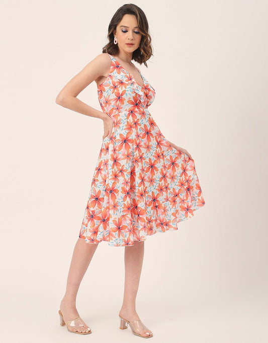 V Neck Sleeveless Printed Georgette Dress