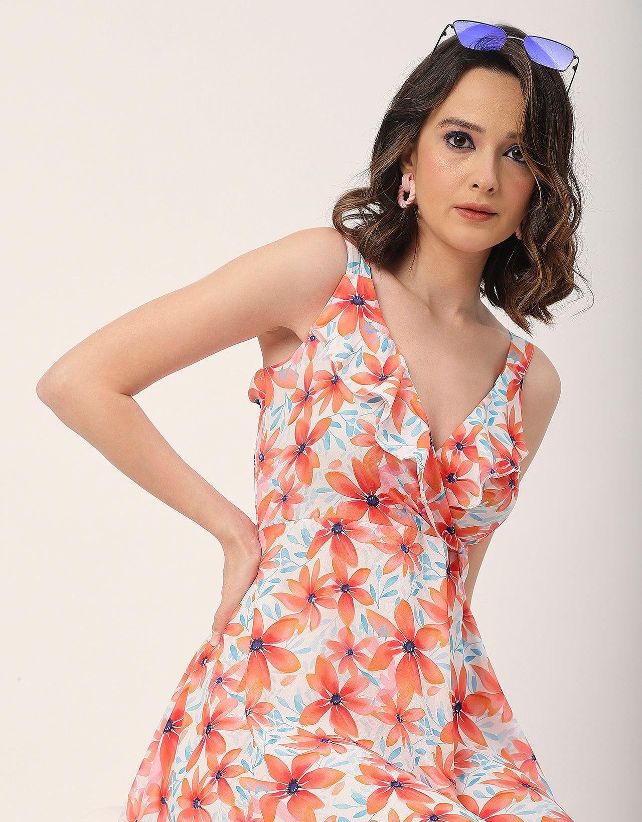 V Neck Sleeveless Printed Georgette Dress