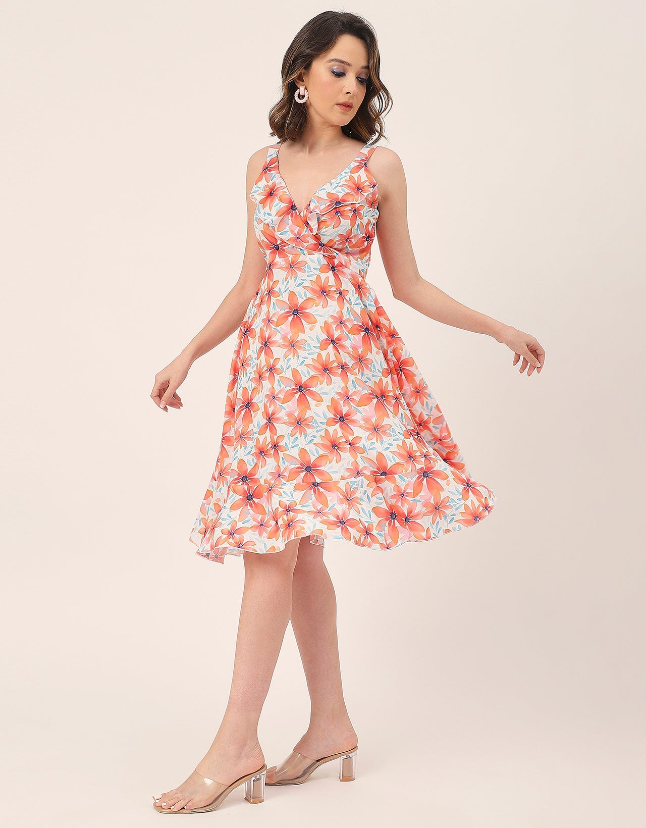 V Neck Sleeveless Printed Georgette Dress