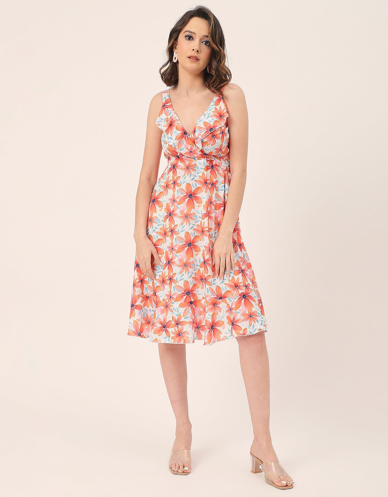 V Neck Sleeveless Printed Georgette Dress