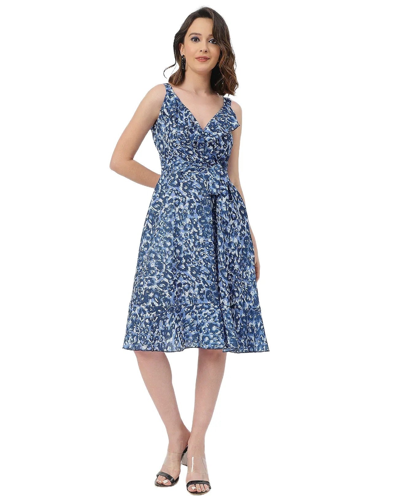 V Neck Sleeveless Printed Georgette Dress