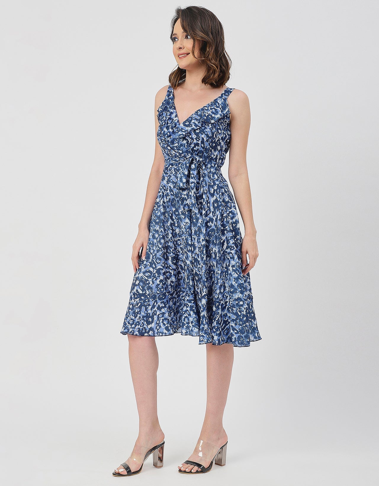 V Neck Sleeveless Printed Georgette Dress