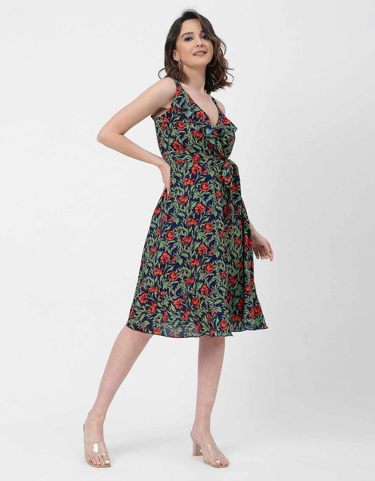 V Neck Sleeveless Printed Georgette Dress