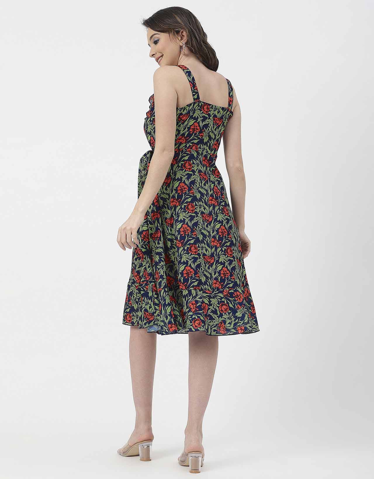 V Neck Sleeveless Printed Georgette Dress
