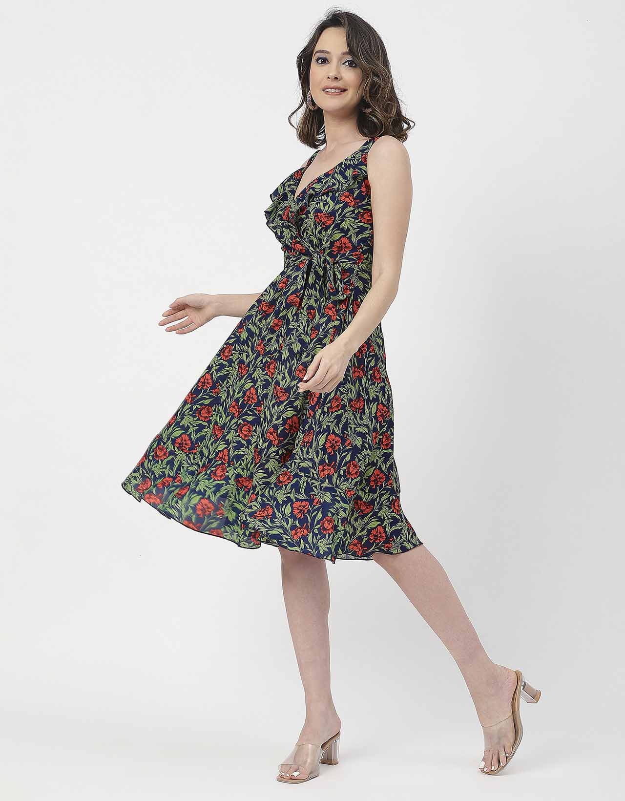 V Neck Sleeveless Printed Georgette Dress