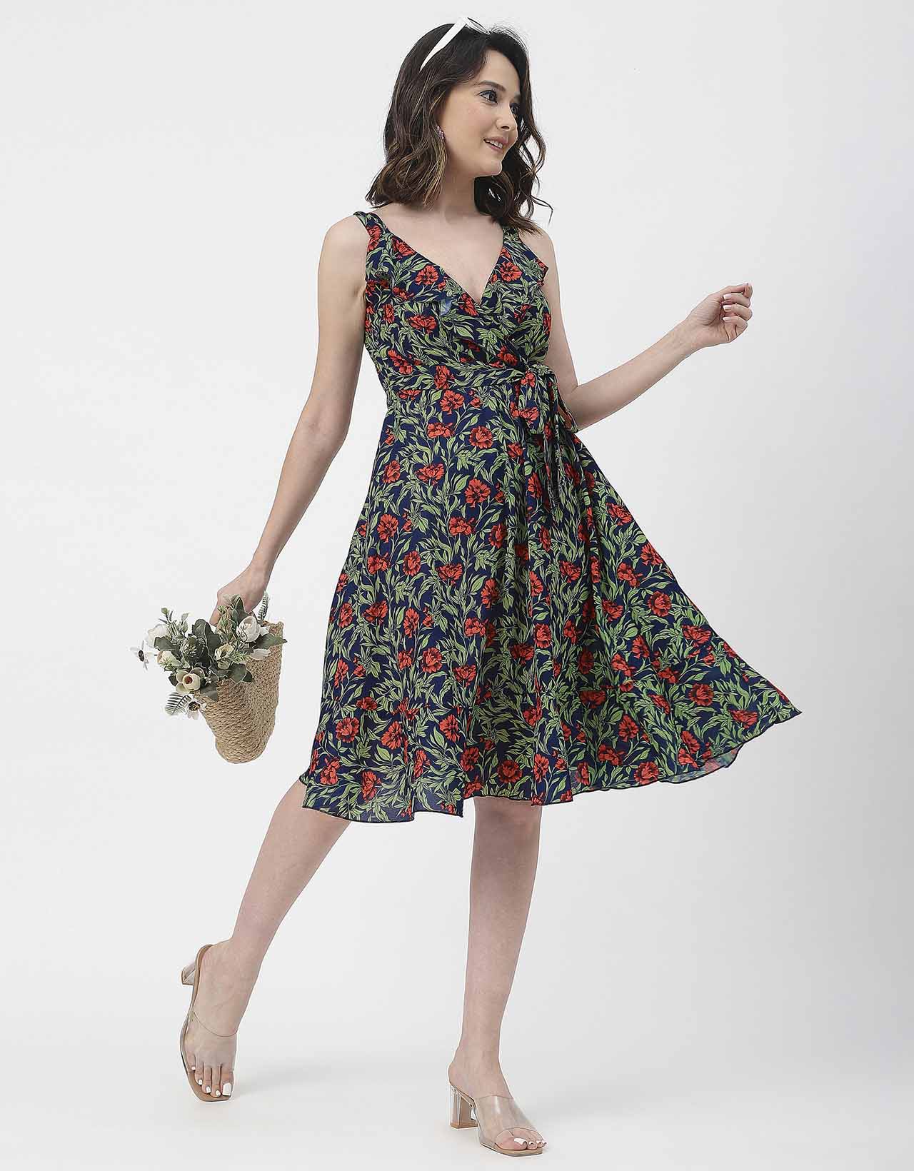 V Neck Sleeveless Printed Georgette Dress