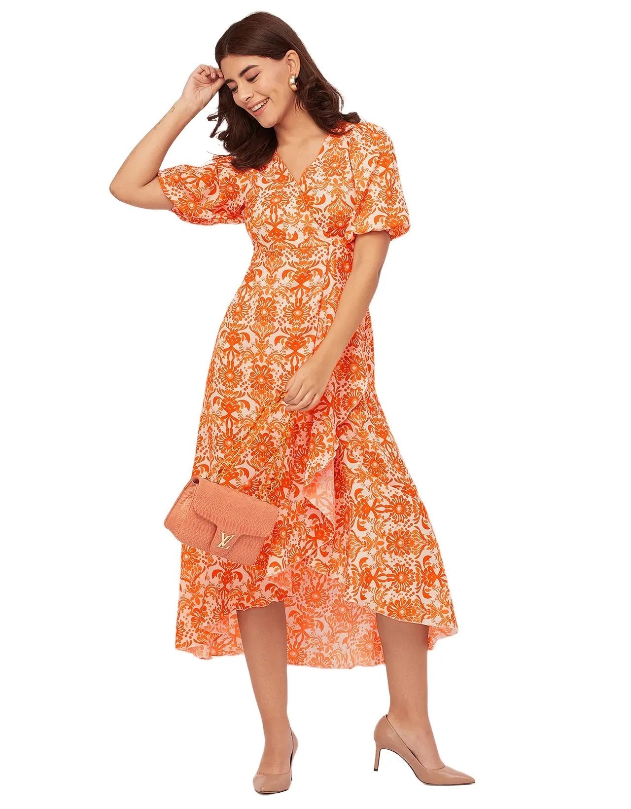 V Neck Wrap Printed Georgette Short Sleeve Dress
