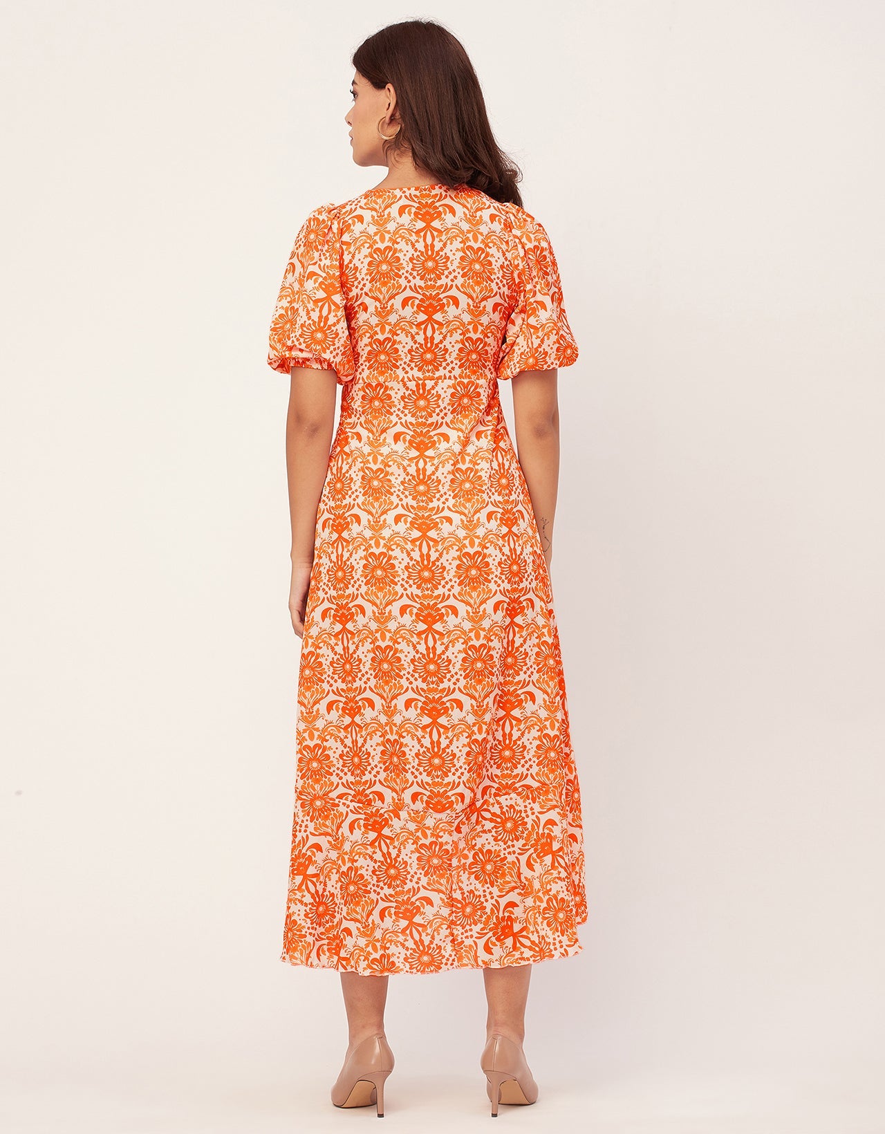 V Neck Wrap Printed Georgette Short Sleeve Dress