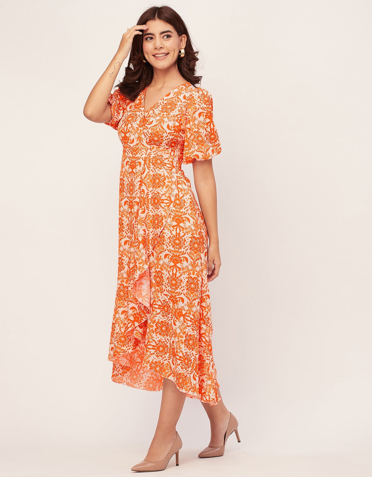V Neck Wrap Printed Georgette Short Sleeve Dress