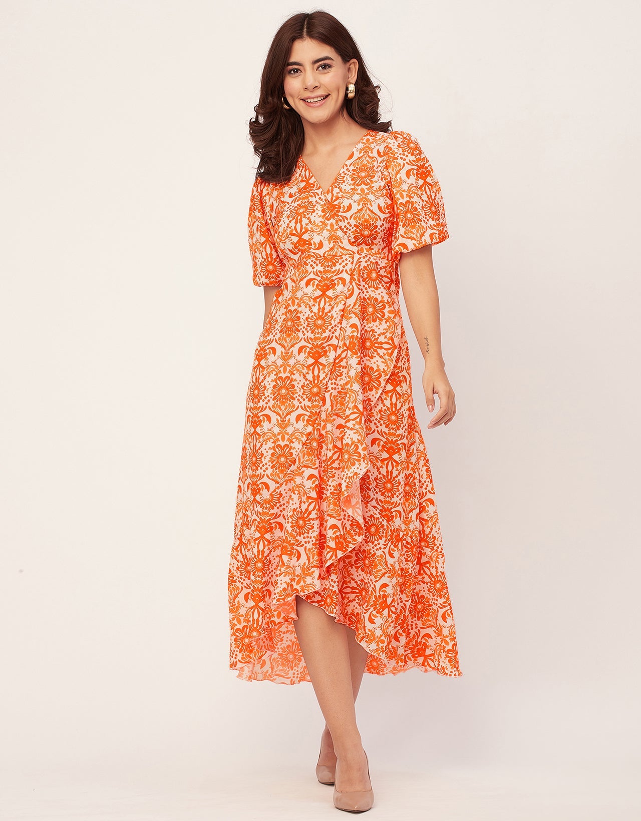 V Neck Wrap Printed Georgette Short Sleeve Dress