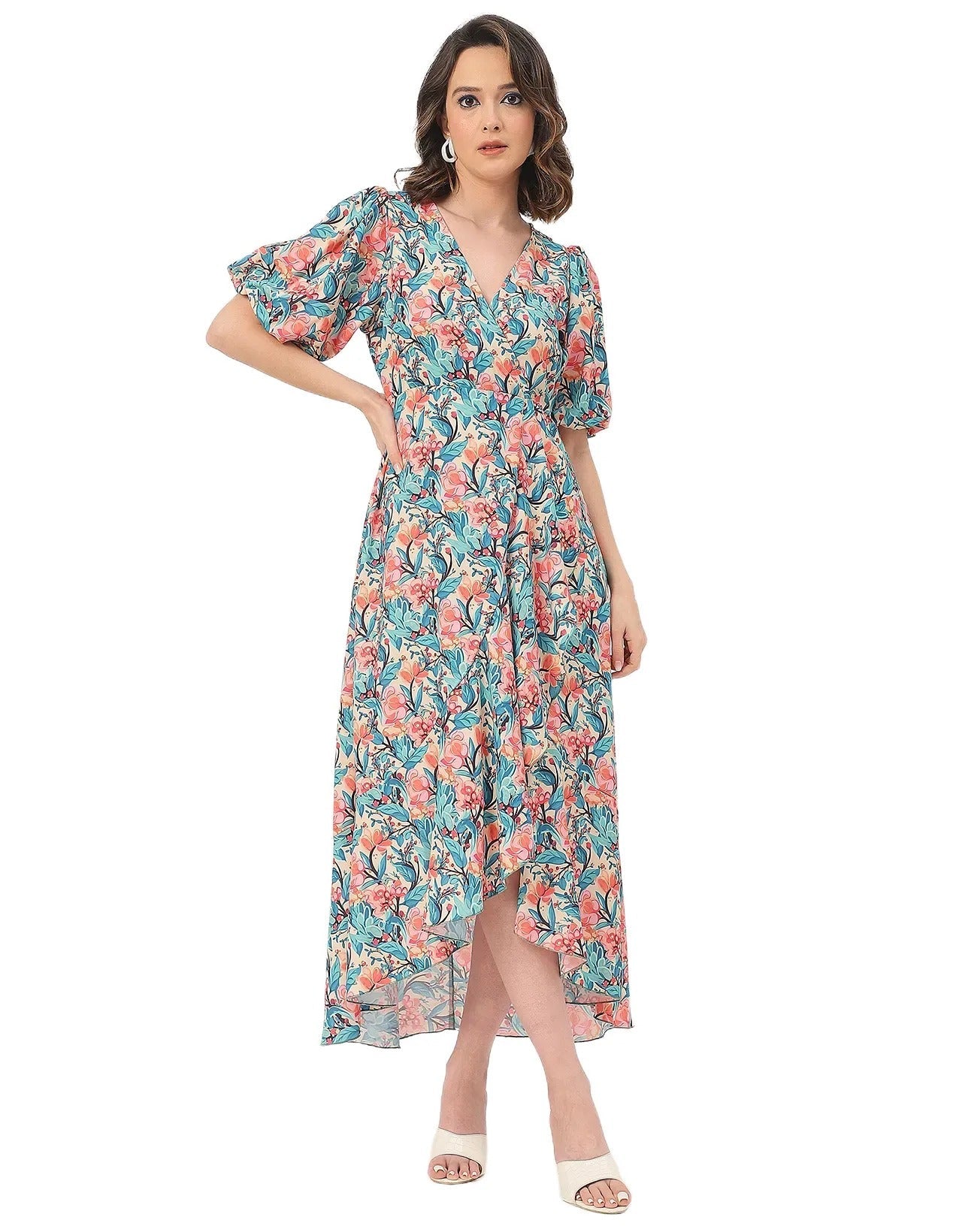 V Neck Wrap Printed Georgette Short Sleeve Dress
