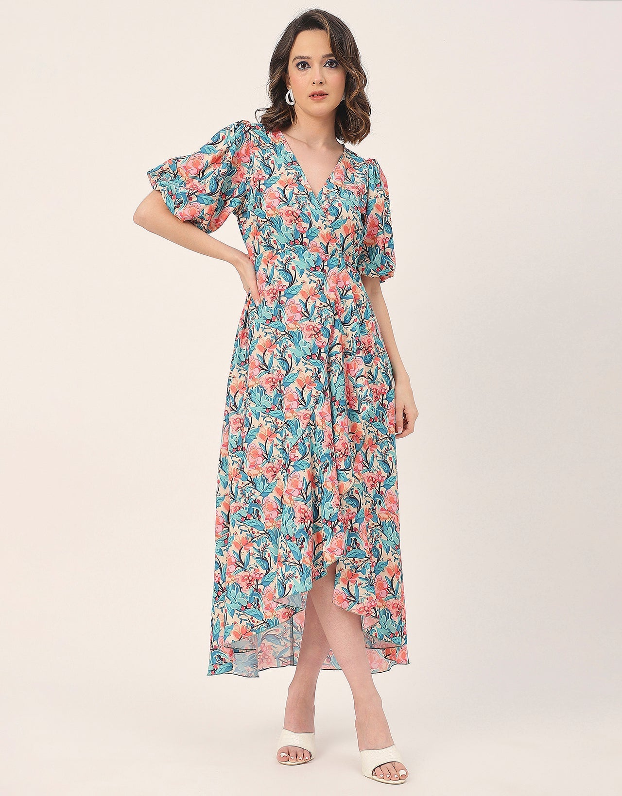 V Neck Wrap Printed Georgette Short Sleeve Dress