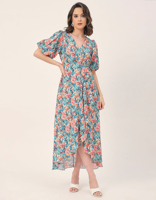 V Neck Wrap Printed Georgette Short Sleeve Dress