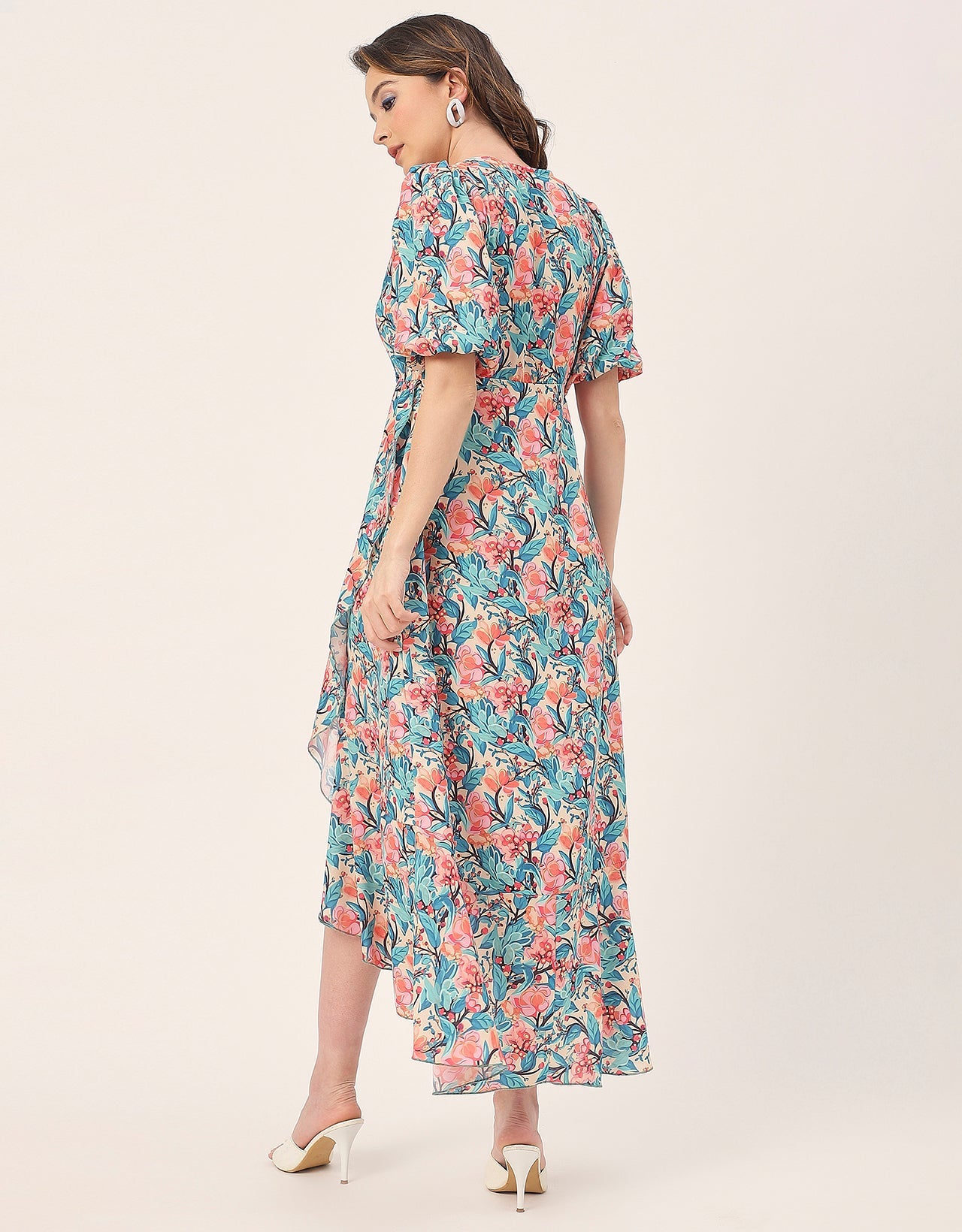 V Neck Wrap Printed Georgette Short Sleeve Dress