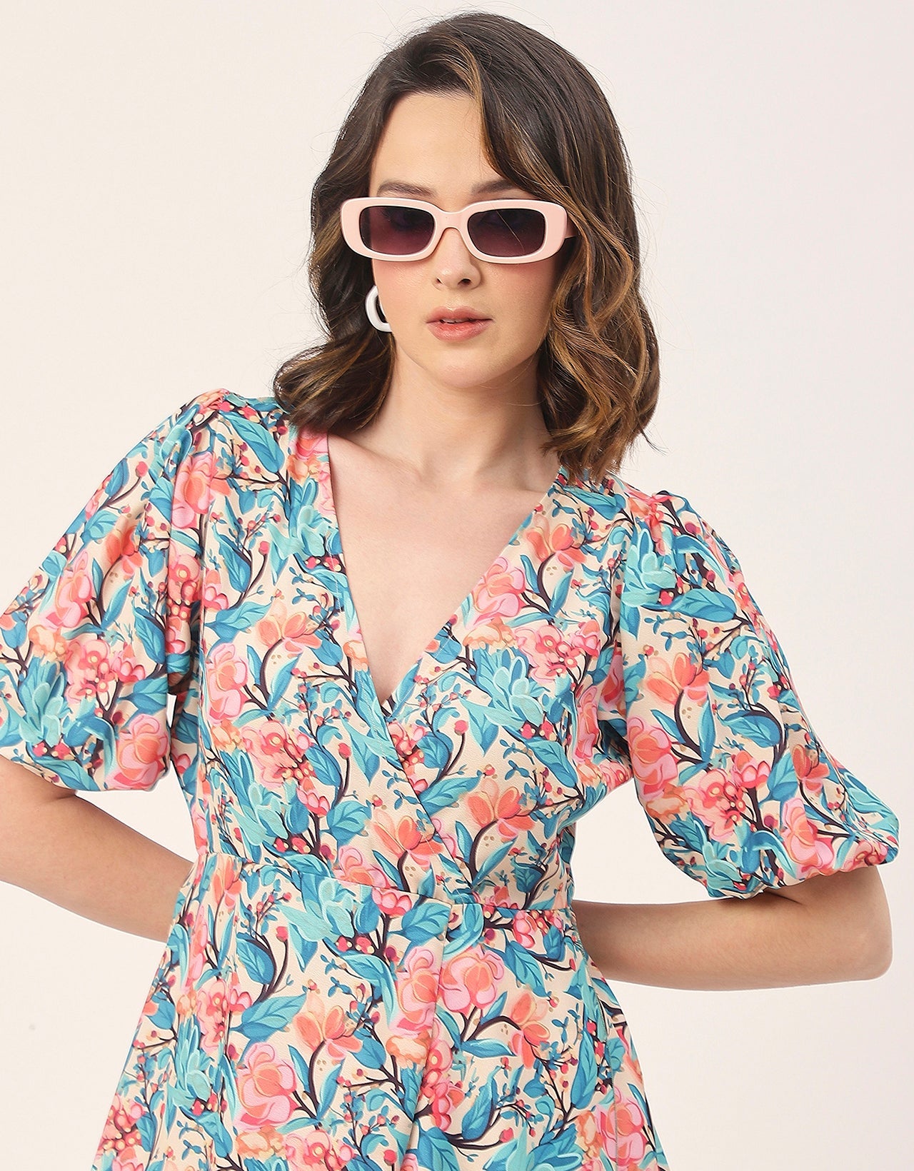 V Neck Wrap Printed Georgette Short Sleeve Dress