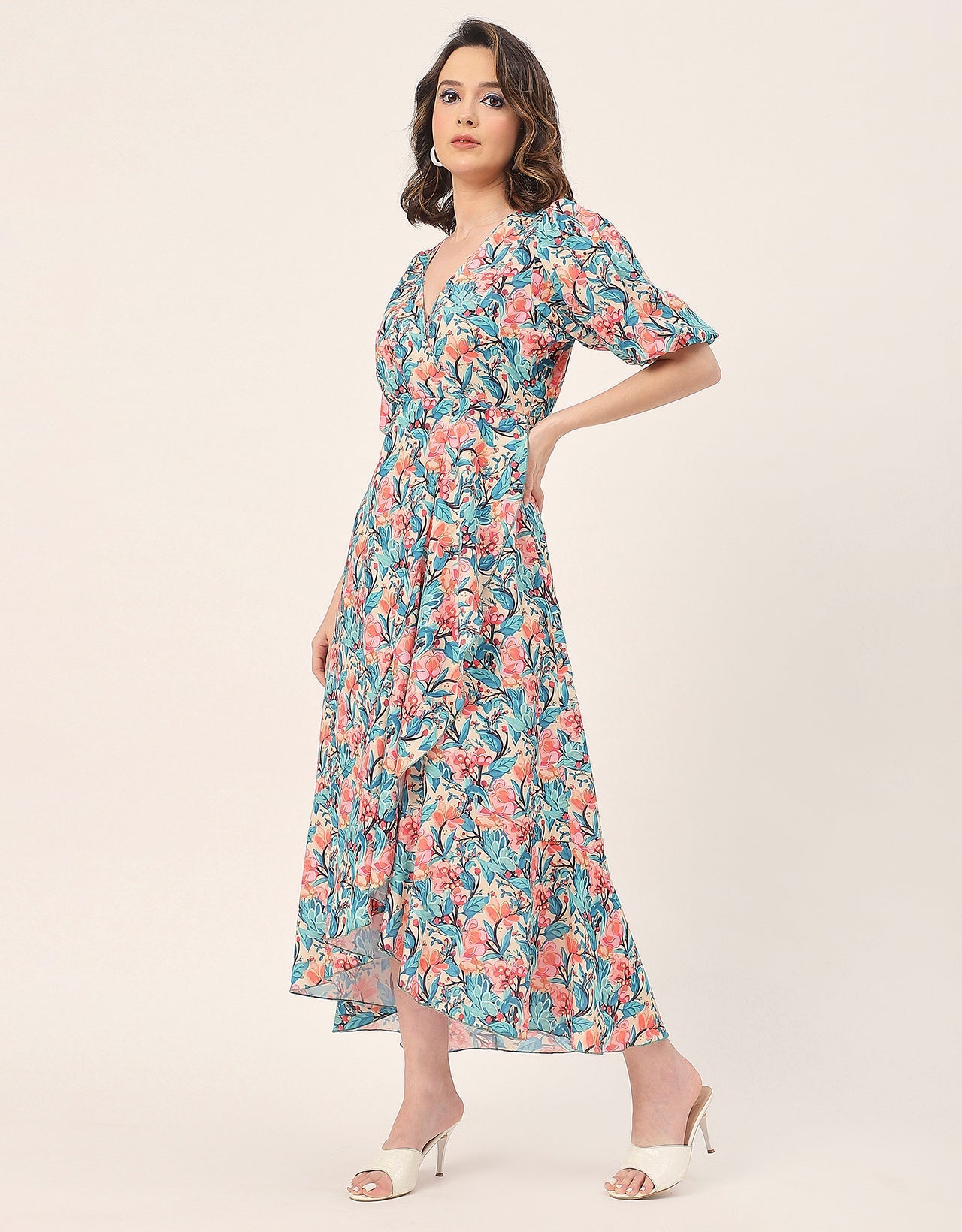 V Neck Wrap Printed Georgette Short Sleeve Dress