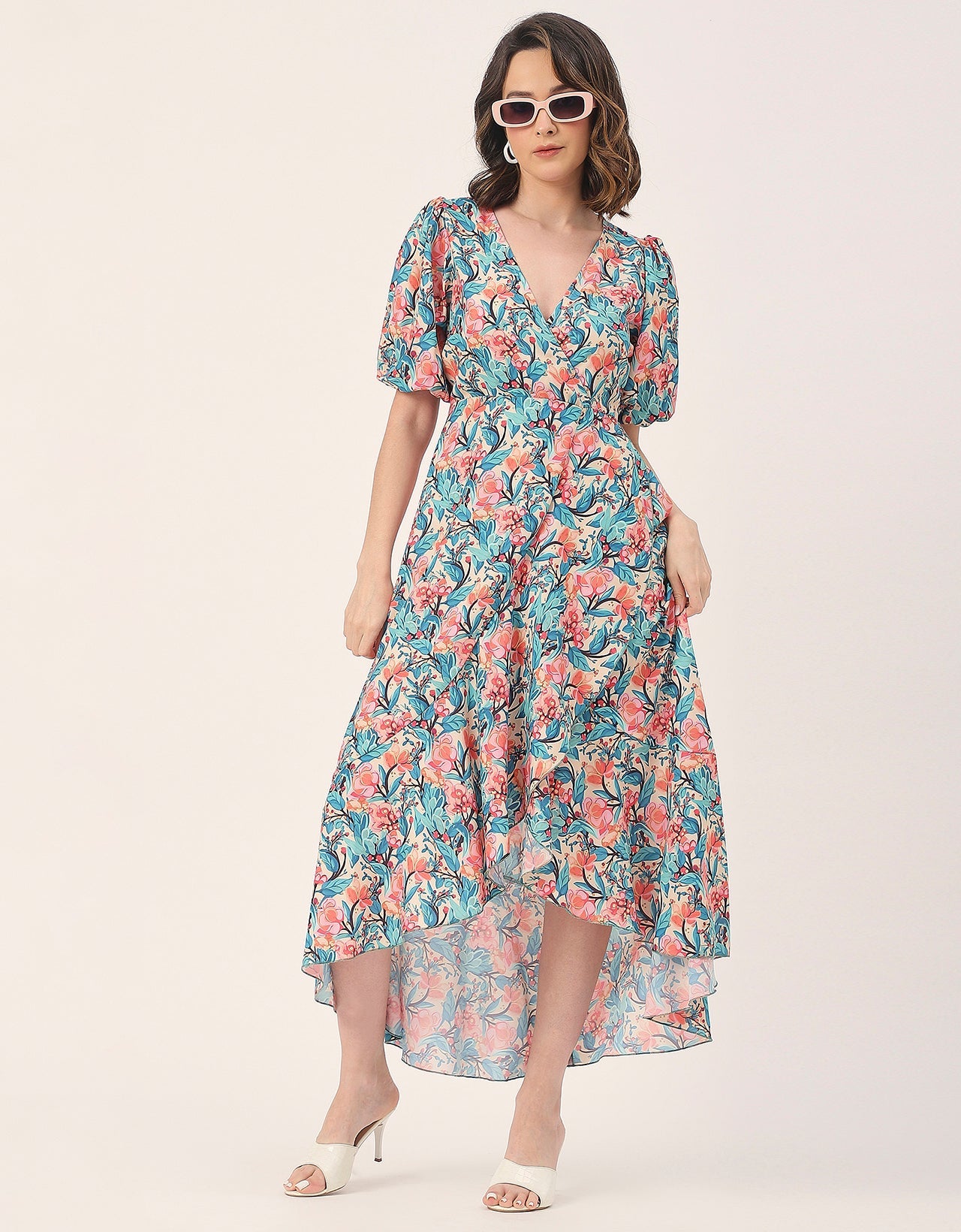 V Neck Wrap Printed Georgette Short Sleeve Dress