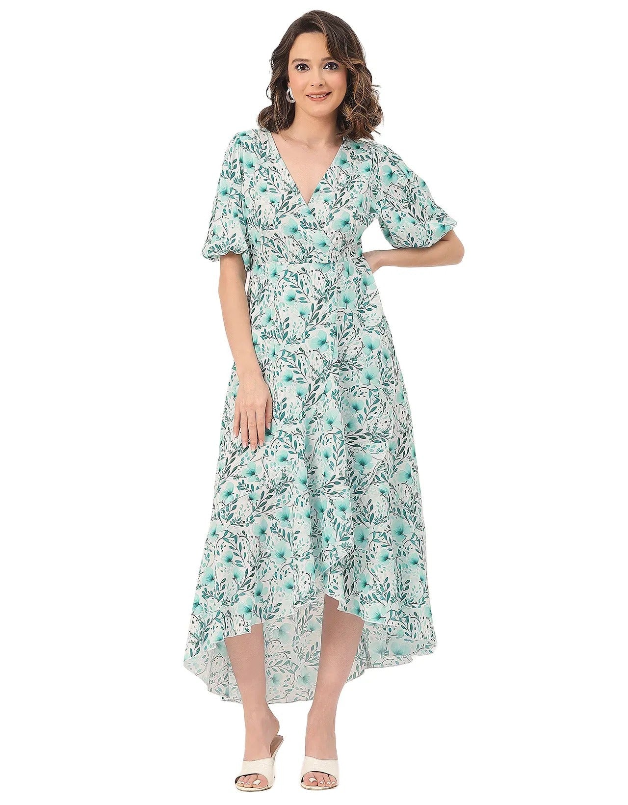 V Neck Wrap Printed Georgette Short Sleeve Dress