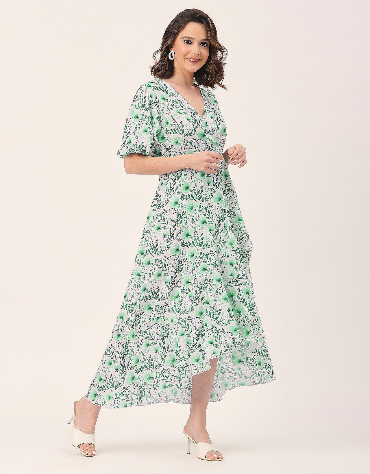 V Neck Wrap Printed Georgette Short Sleeve Dress