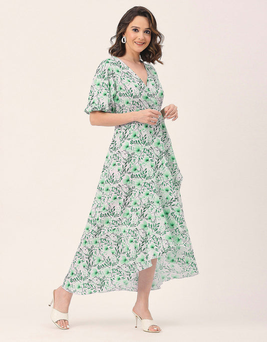 V Neck Wrap Printed Georgette Short Sleeve Dress