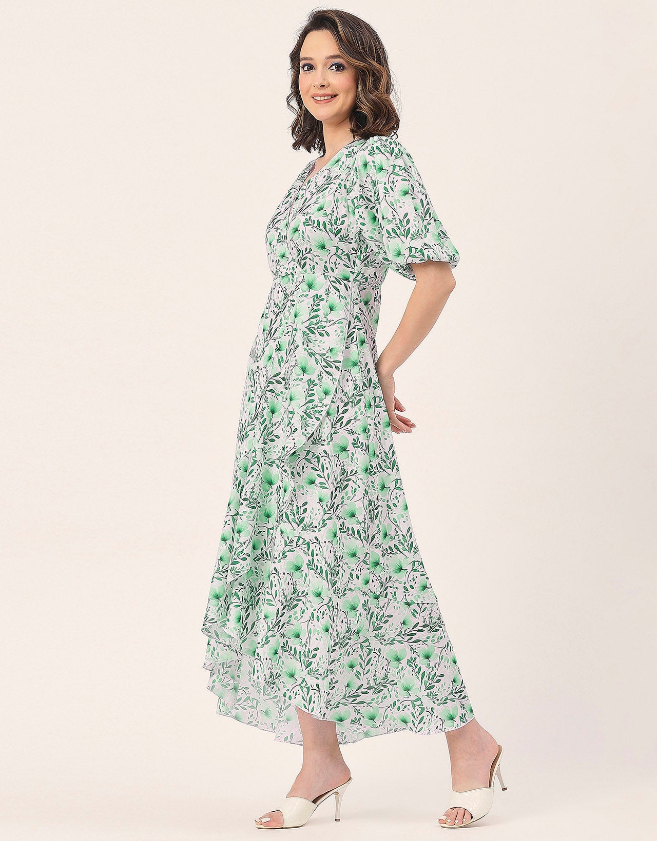V Neck Wrap Printed Georgette Short Sleeve Dress