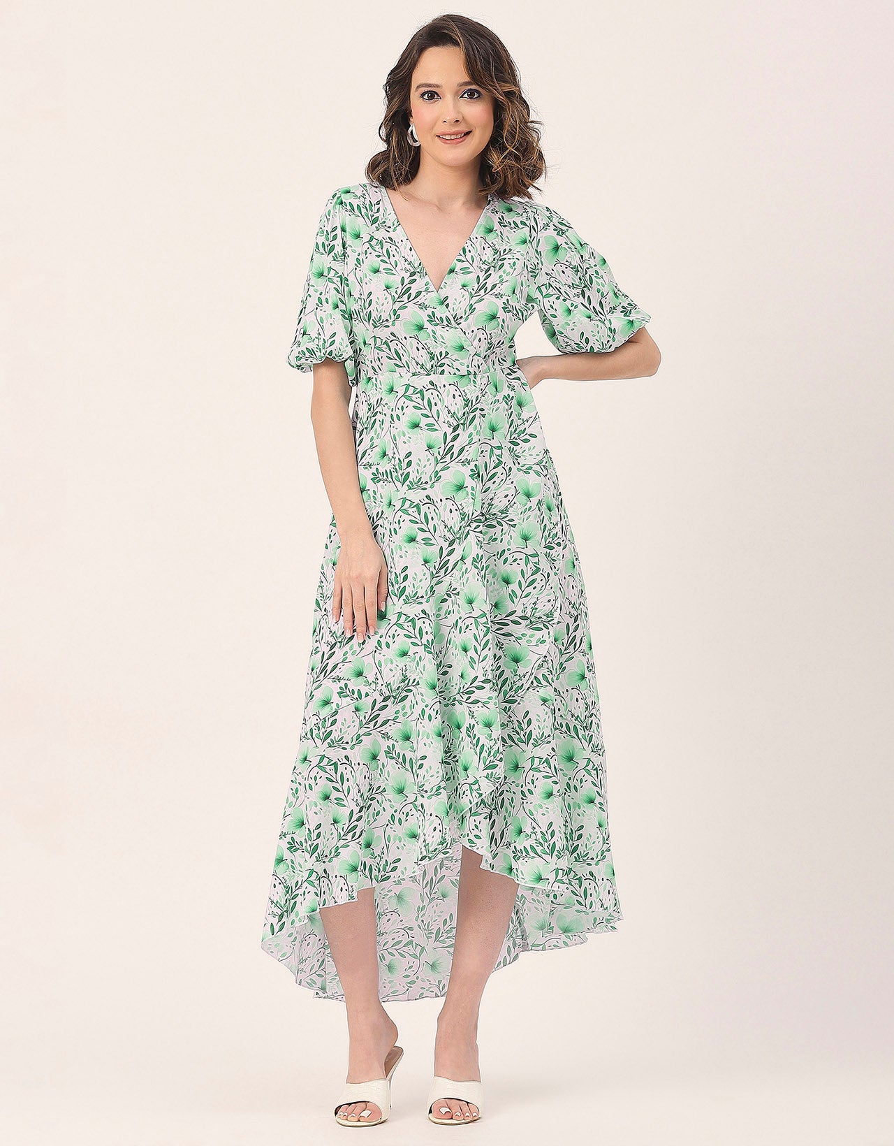 V Neck Wrap Printed Georgette Short Sleeve Dress