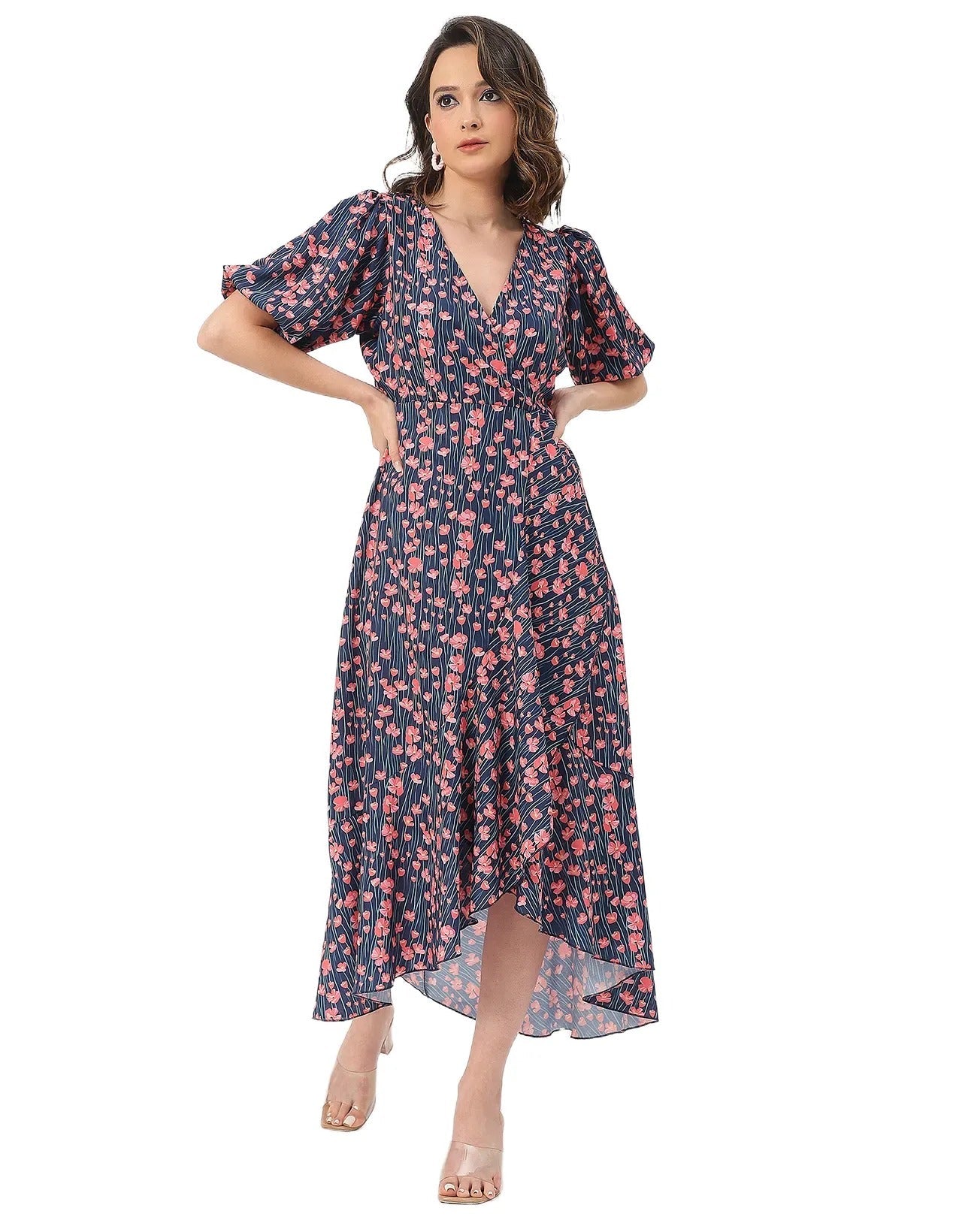 V Neck Wrap Printed Georgette Short Sleeve Dress