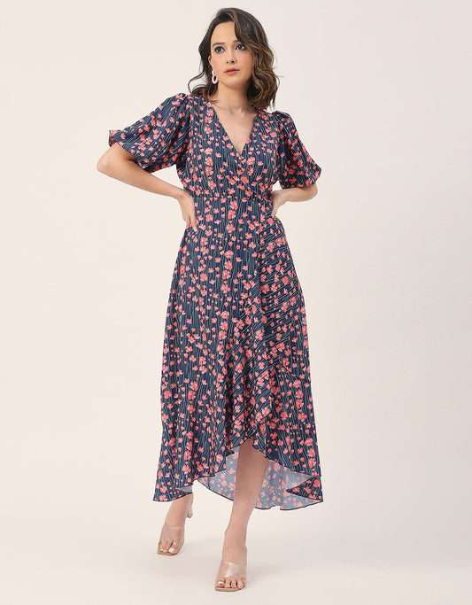 V Neck Wrap Printed Georgette Short Sleeve Dress