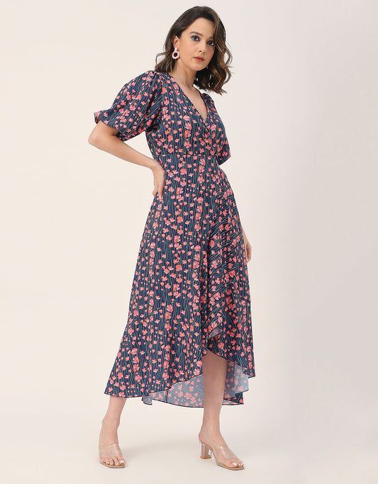 V Neck Wrap Printed Georgette Short Sleeve Dress
