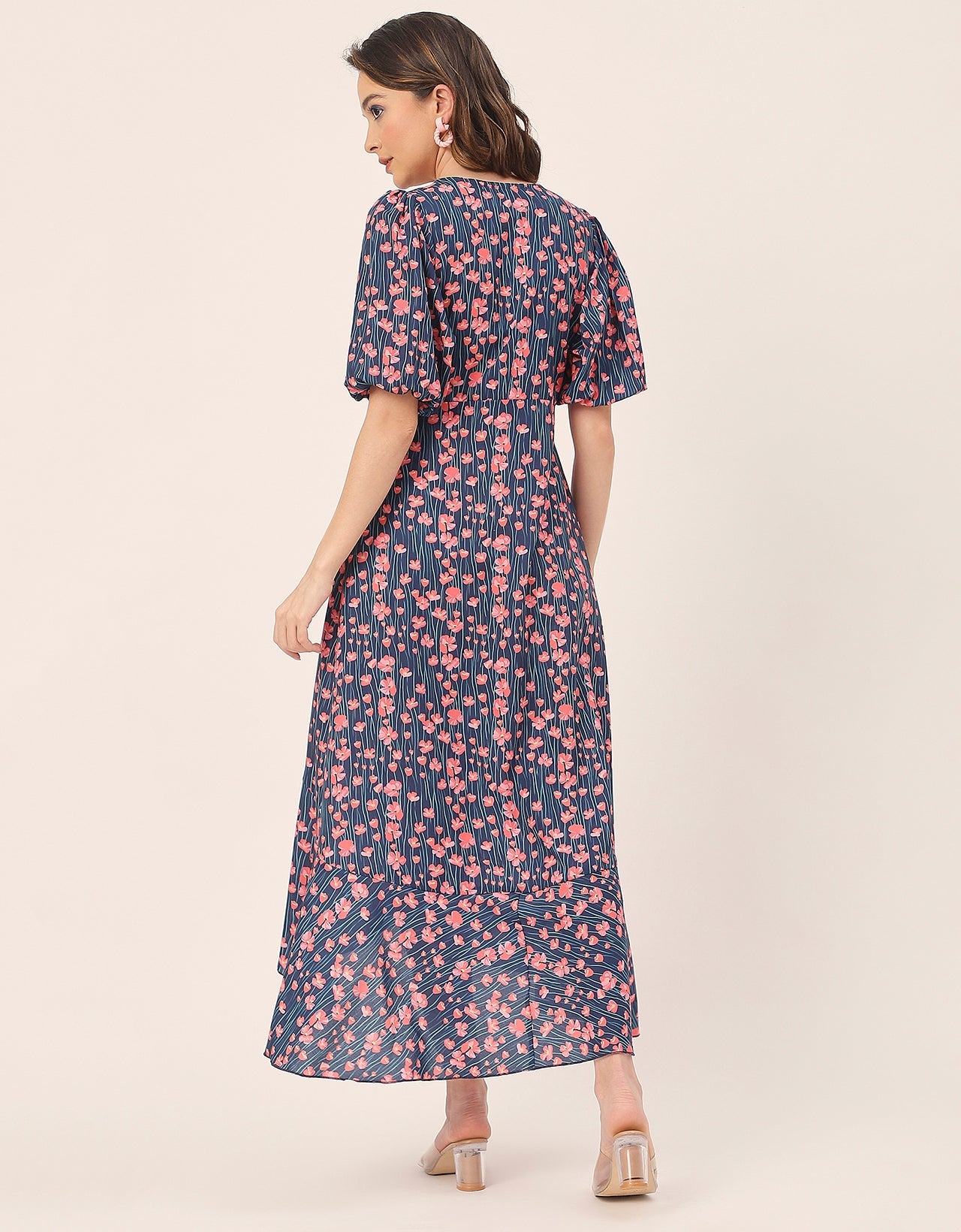 V Neck Wrap Printed Georgette Short Sleeve Dress