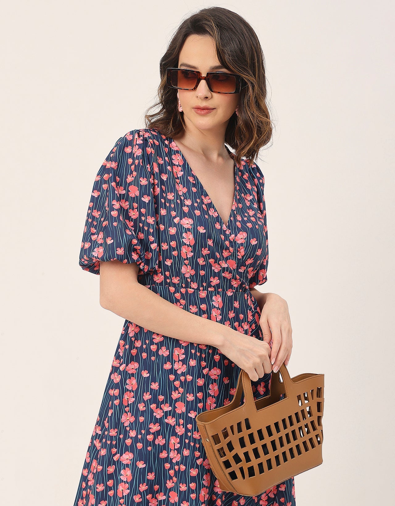 V Neck Wrap Printed Georgette Short Sleeve Dress