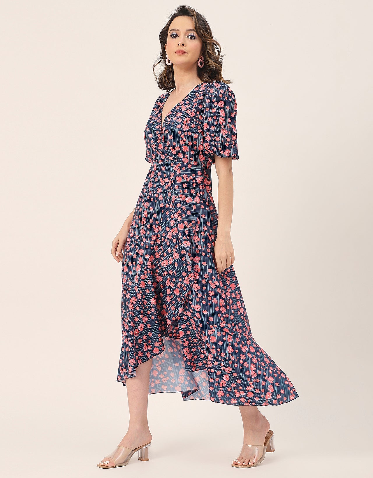 V Neck Wrap Printed Georgette Short Sleeve Dress