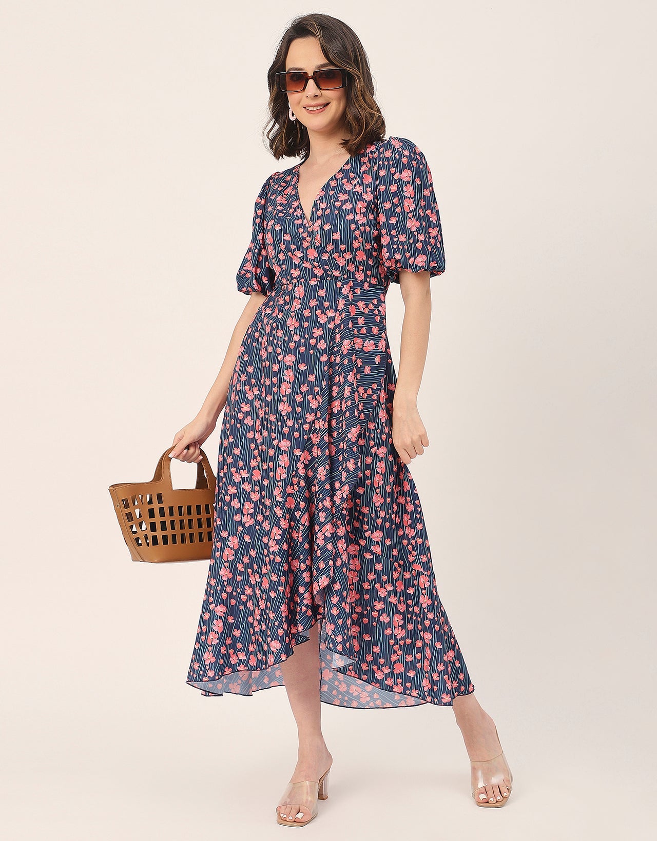 V Neck Wrap Printed Georgette Short Sleeve Dress