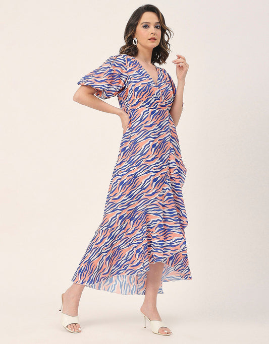 V Neck Wrap Printed Georgette Short Sleeve Dress