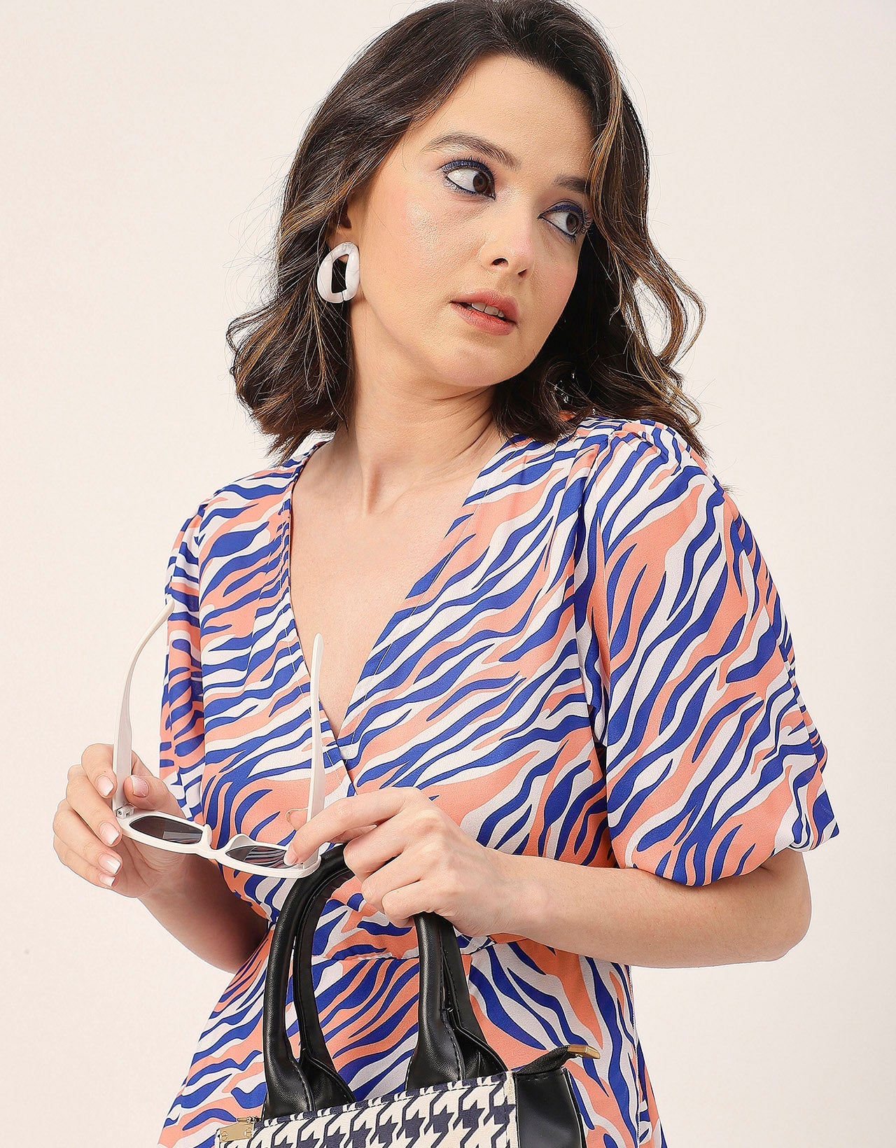 V Neck Wrap Printed Georgette Short Sleeve Dress